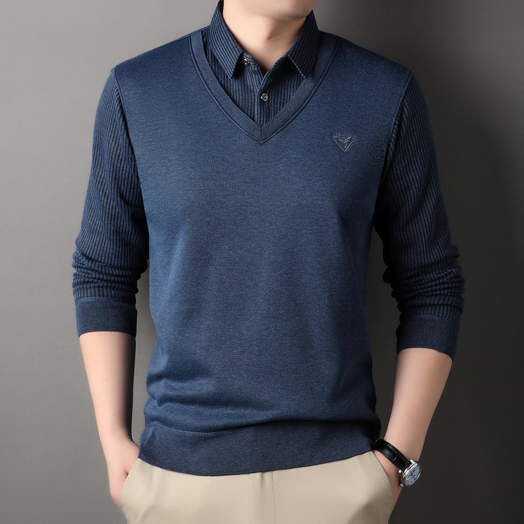 Male Autumn Knit Pullover Polo Shirts Shirt Collar Sweater Pullovers Men'S Business Casual Fashion Stripe Top Clothing