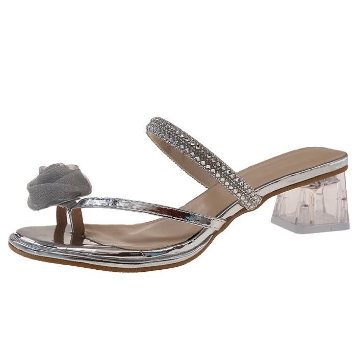French Thick-heeled Slippers Women's Summer Wear 2025 New Fairy Style Flower Rhinestone Cover Toe with Skirt Crystal Sandals