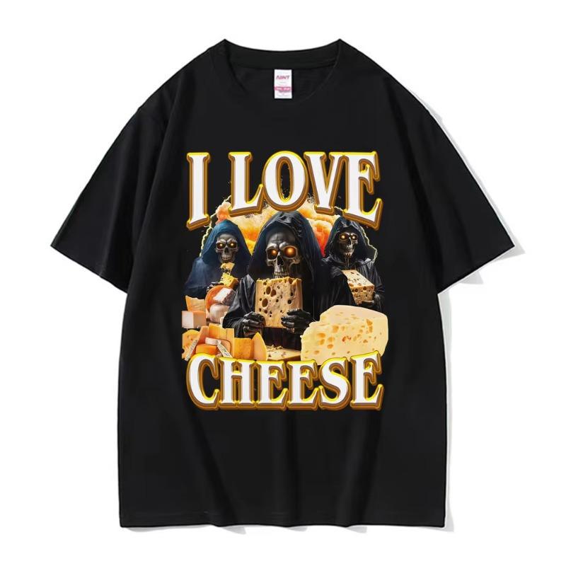 Funny Vintage Skeleton I Love Cheese Meme T Shirts Gothic Graphic T-shirts Men's Women Summer Crewneck Cotton T-shirt Streetwear