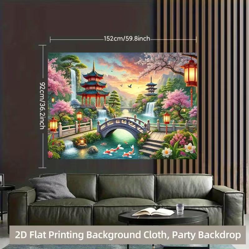 2D Vibrant Koi Fish Temple Backdrop for Studio & Party Decoration