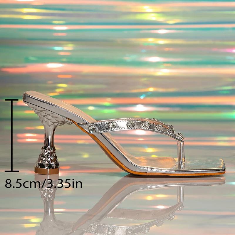Eilyken Silver Square Clip Toe Women High Heels Slippers Designer Crystal Sandals Flip Flops Slide Shoes Zapatos De Mujer