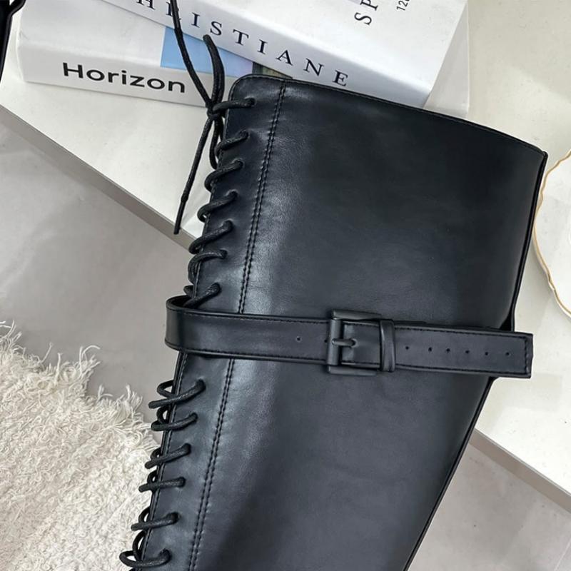 Schmelzendes Braun Damen Moderne Schnürriemen Riemen Lange Stiefel