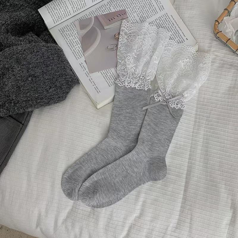 Summer Thin, Patchwork Lace Bow, Versatile Mid-calf Women's Socks, Ballet-style Socks