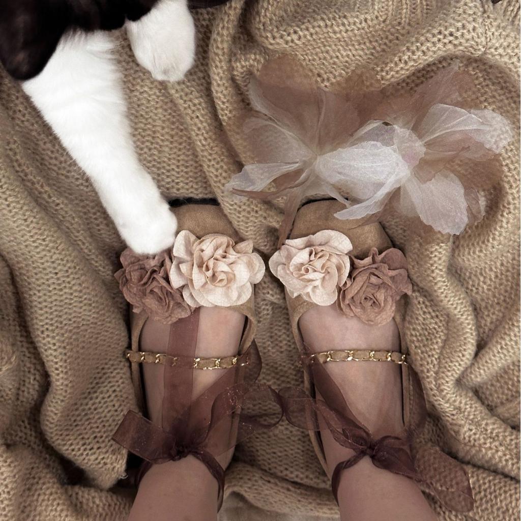 Zen Wabi Silent Wind Square Head Mary Jane Shoes Women's Suede Soft Flat Bottom One Pedal French Evening Wind Single Shoes Dead Leaf Butterfly