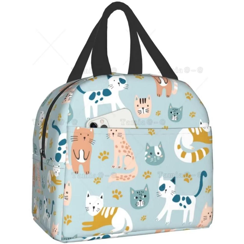 Cat Insulated Lunch Bag Reusable Cooler Thermal Tote Bag with Front Pocket for Women Men Travel Work Hiking Picnic Lunch Box