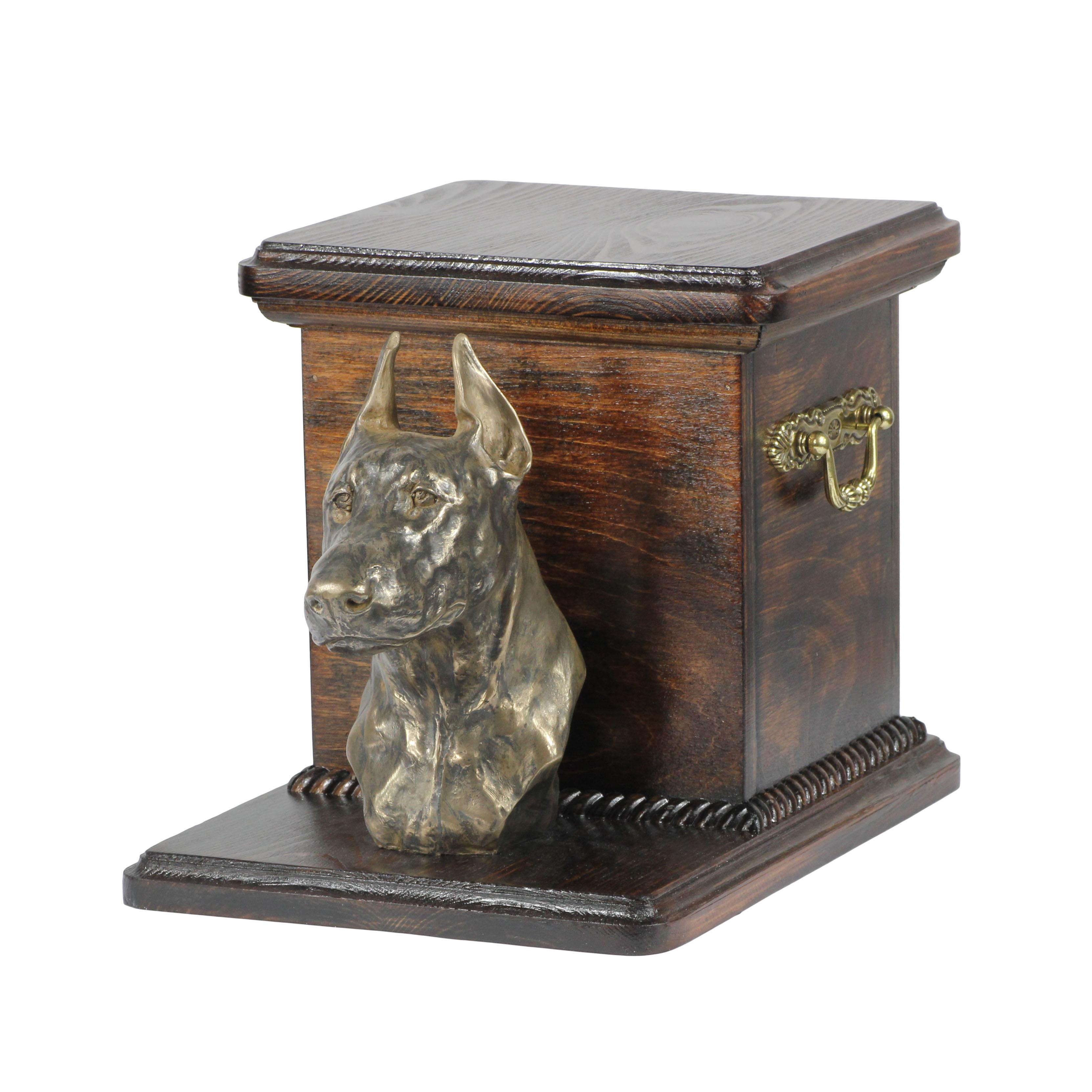Dobermann, Doberman Pinscher, Dobie I - urn for dog ashes with a statuette, elegant urn for a dog, unique urn with a bust of a dog by Art-Dog brand ma