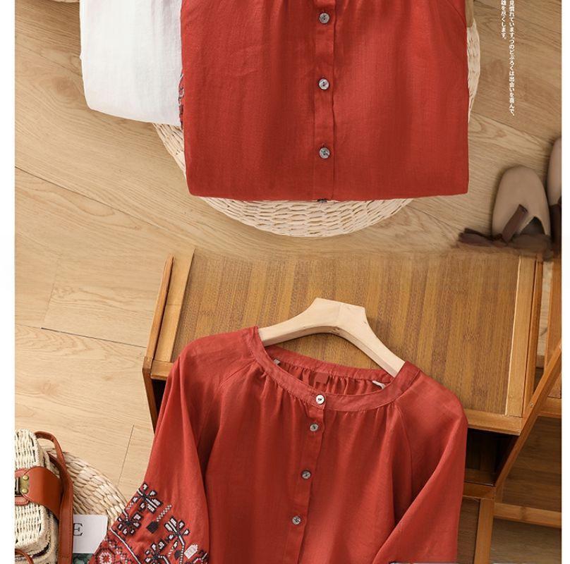 41 Retro Embroidered Lantern Sleeve Top - Women's Cotton & Linen Summer Shirt