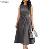Women Casual Round Neck Solid Color Summer Sleeveless Dress