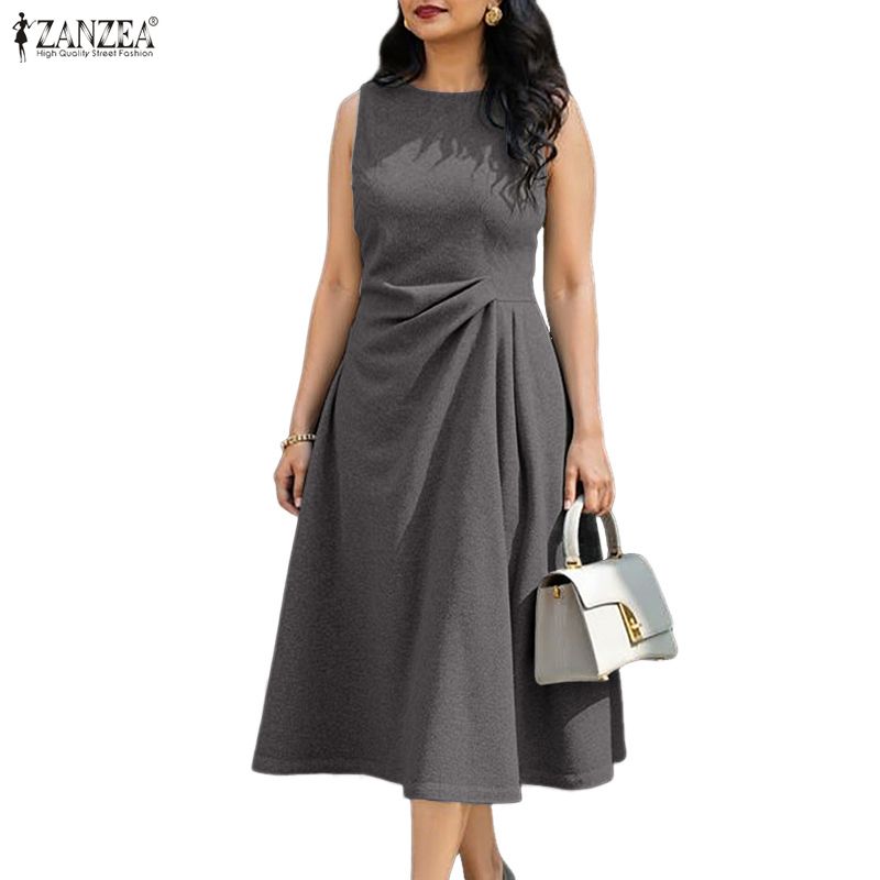 ZANZEA Women Casual Round Neck Solid Color Summer Sleeveless Dress