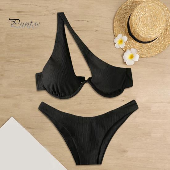 2Pcs/Set Women Sexy Bikini Set Solid Color One-shoulder Bra High Waist Briefs Set Quick Drying Swimsuit Beachwear