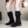 Knee High Boots Women's Fashion Round Toe Studded Metal Buckle Non-Slip Wear-Resistant Block Heel Suede Single Boots