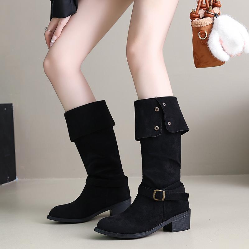 Knee High Boots Women's Fashion Round Toe Studded Metal Buckle Non-Slip Wear-Resistant Block Heel Suede Single Boots