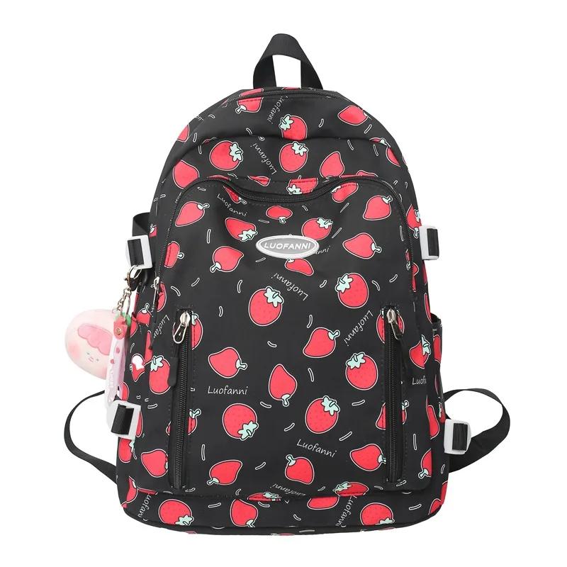 Cute Strawberry Print Girls' Schoolbag with Wide Shoulder Straps Spine Protection Lightweight Campus Backpack