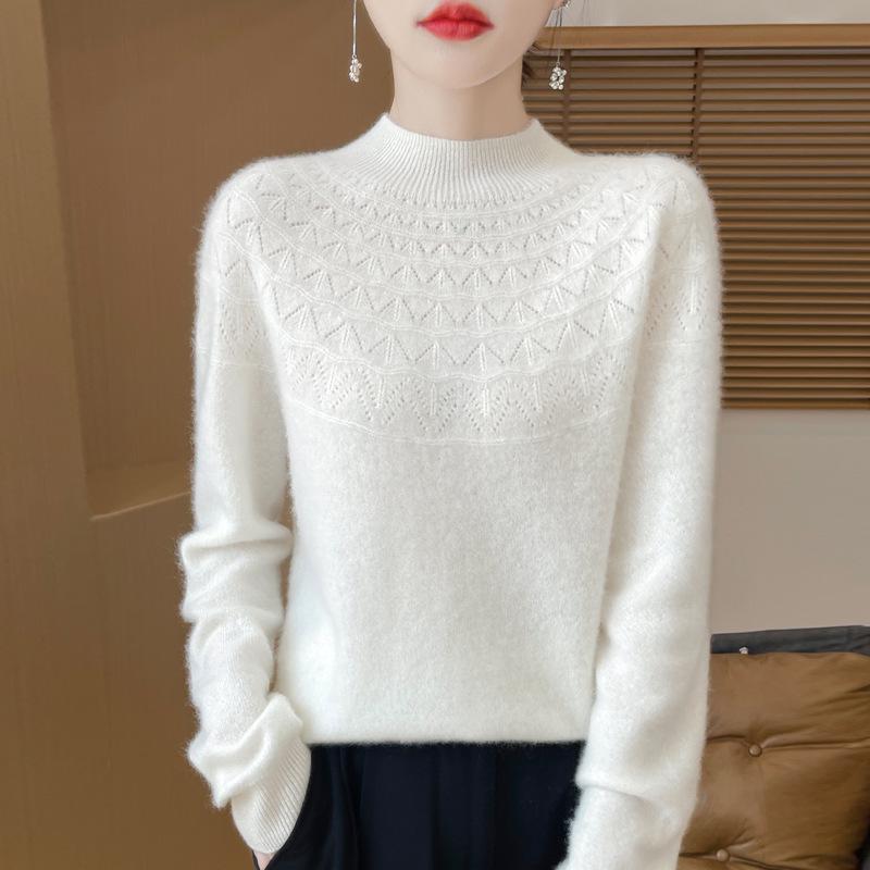 2025 Autumn/Winter Women's Half-High Collar Hollow Design Pure Wool Seamless Sweater Pullover