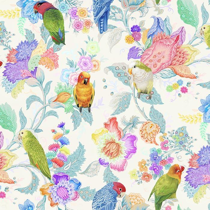 ST1001 Stylish Pattern Cotton Made In 21A Width 110cm X Nora. Bird, Parakeet, Parrot, Floral, Plant, Sarasa, Tropical, Large, Fabric, Handmade,