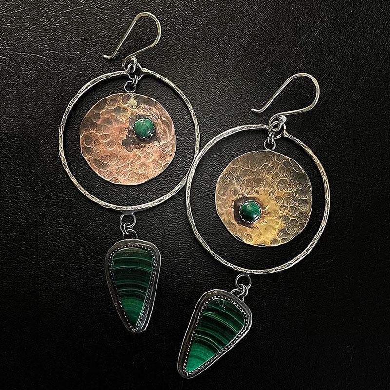 Vintage Copper Color Round Waterdrop Green Stone Hollow Carving Dangle Earrings for Women Jewelry
