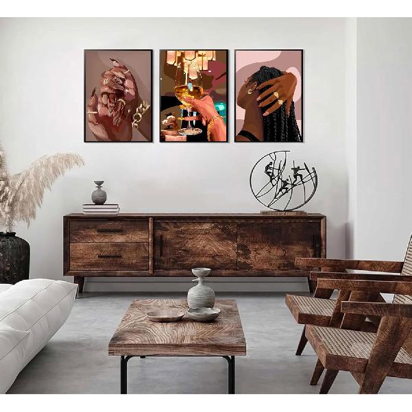 LQOZTBX 3Pcs Black Girl Wall Art Fashion African American Canvas Paintings Black Women Posters Nail Art Pictures Champagne Prints Boho Aesthetic Wall