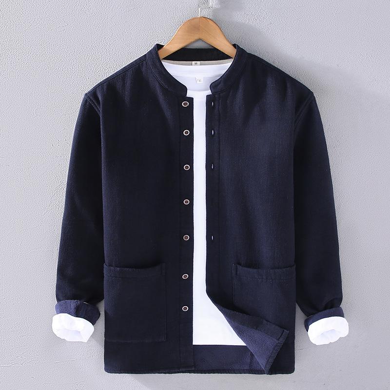 Winter Warm Shirts for Men Chinese Style Traditional Stand Collar Disc Buckle Shirts Male Thicken Casual Tops Cotton Linen Fleece Jacket