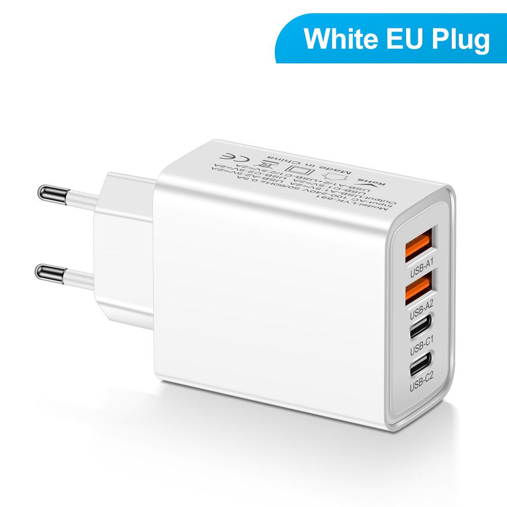 2.4A Multi-port Charger: Dual Type-C PD + Dual USB for Mobile Phones, Travel-Ready