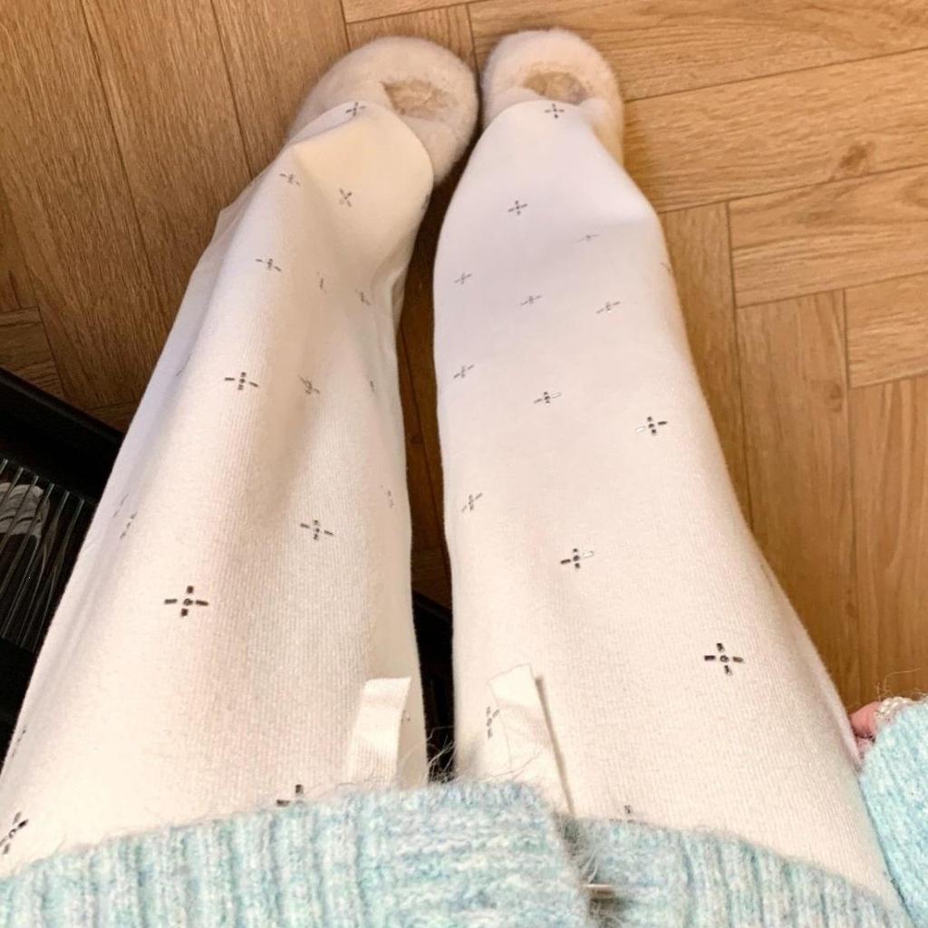 Women's High Waist Rhinestone Knit Pants - Autumn/Winter, Soft, Thickened, Loose Fit, Casual, Straight-Leg