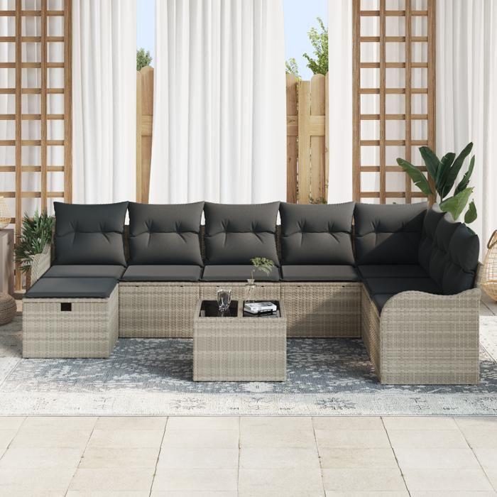 Ensemble de canapé de jardin de 9 pièces avec coussins gris clair en poly rotin, Canapé de jardin 2 places avec coussins 3359041