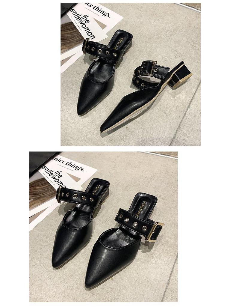 Women's 2025 Summer Korean Style Pointed Toe Closed Slippers with Belt Buckle & Chunky Heel