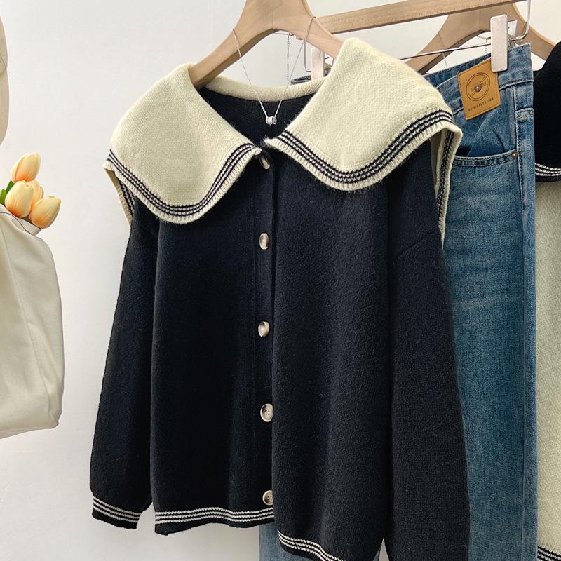 

Plus Size Women s Sailor Collar Knit Cardigan - College Style, Autumn/Winter Soft Slimming Outerwear XL чёрный