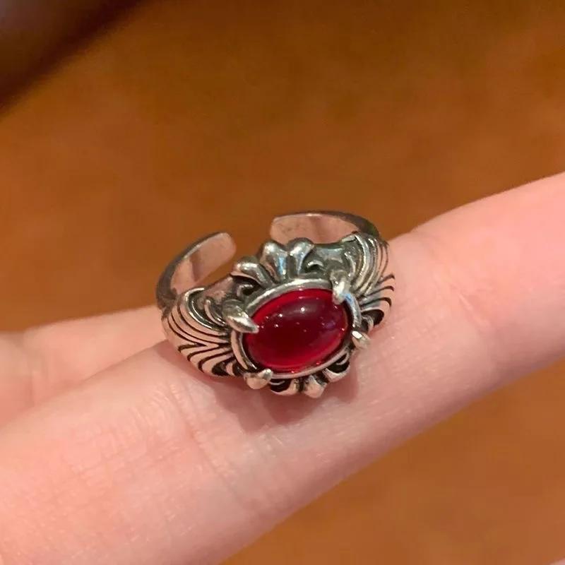 LATS Vintage Gothic Red Crystal Cross Geometry Open Rings for Women Y2k Punk Creative Grunge Jewelry Accessories Gift