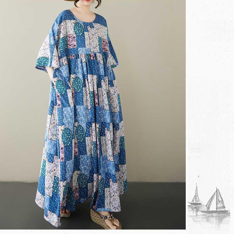 Round Neck Short Sleeved Artistic Retro Casual Loose Women's Dress