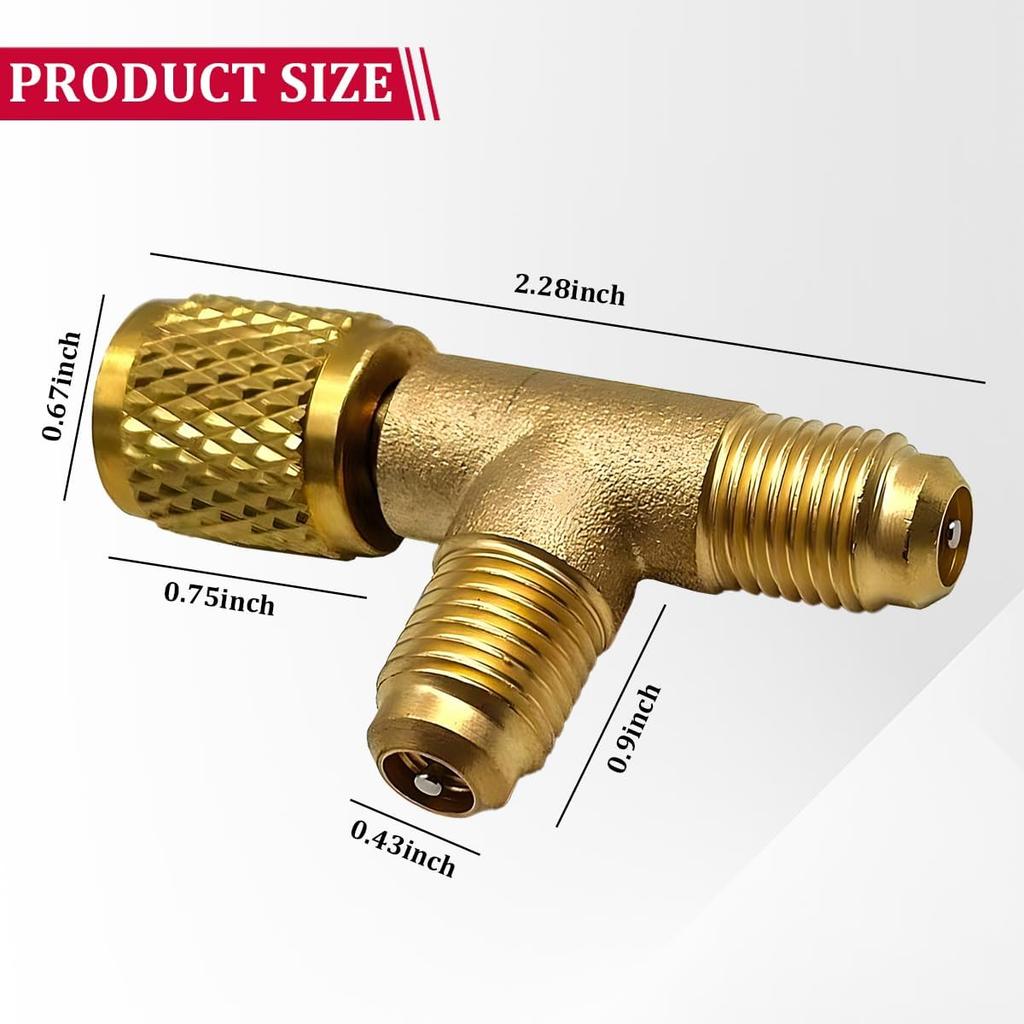 Auto Schnellkupplungs-T-Stück, Messing 1/4" SAE Ventilkern-T-Adapter für R22 R12 R134 Manometer Tiefvakuum-Pumpe Manifold, Klimaanlagen Kältemittel