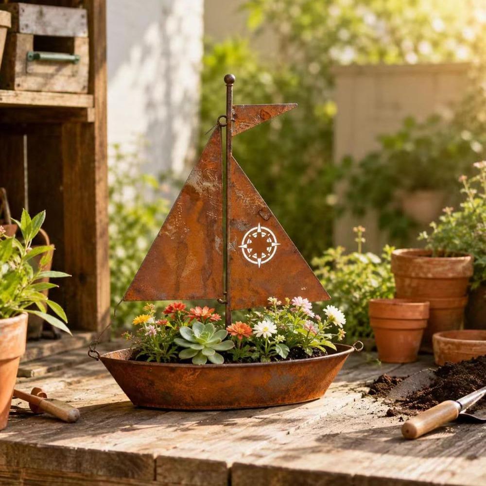 Rustic Sailboat Metal Planter,Metal Sailboat Garden Stake, Rustic Iron Yard Art, Vintage Nautical Theme Ideal for Garden, Patio, Outdoor Home Decor