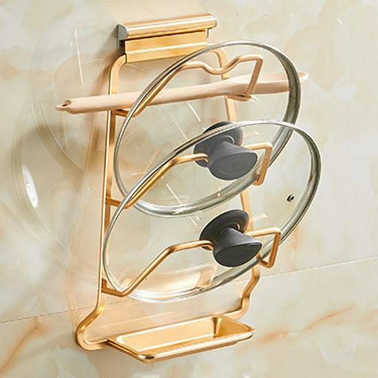 Rostfri väggmonterad grytlock- och skärbrädeorganisatör med vattenuppsamlingslåda