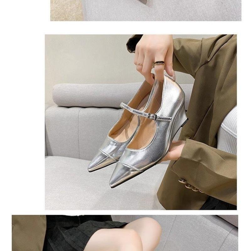 Fashion High Heels Women 2025 New Retro Pointed Toe Wedge One Word Buckle Shallow Mouth French Kitten Single