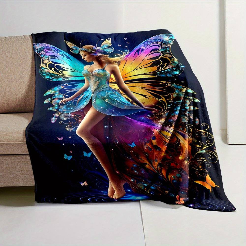 1pc Whimsy Wings Fairy Print Flannel Fleece Throw Blanket - Reversible, All-Season, Digital Print, Contemporary Style, Cartoon