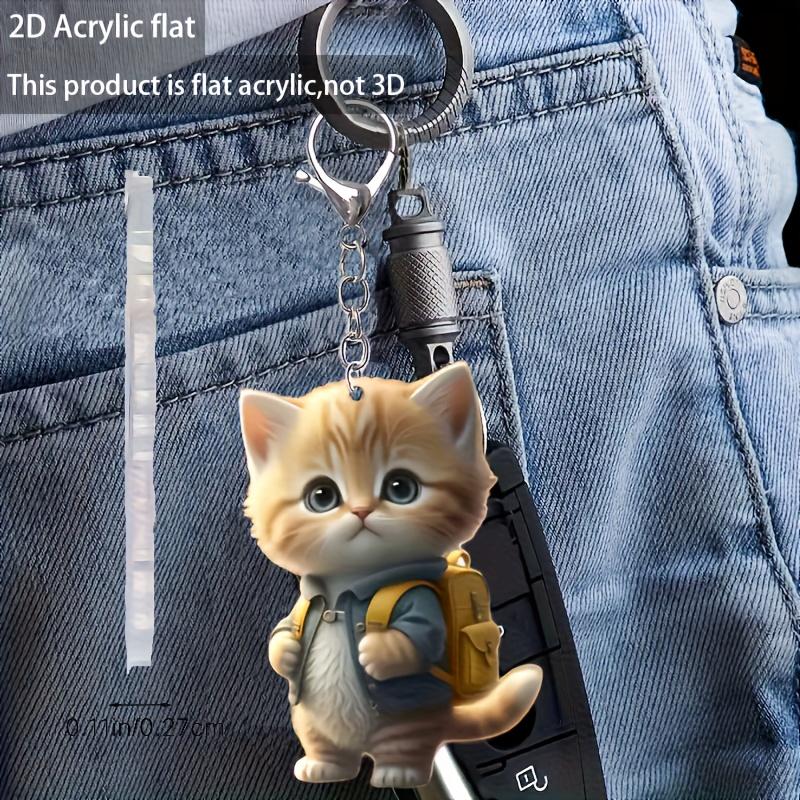 2D Flat Akryl Tegneserie Katt Nøkkelring - Søt Blå Jakke & Gul Ryggsekk Design, Ringspenne - Ideell Påskegave for Katteelskere