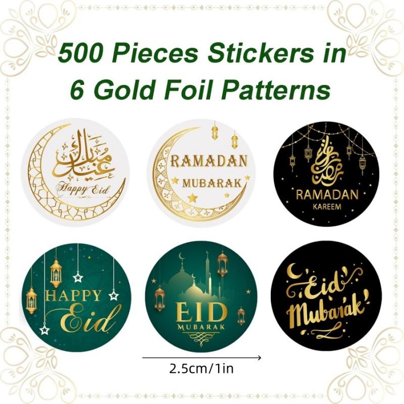 500Pcsroll Middle East Ramadan Stickers Arabic Eid Moon Oil Lamp Gift Envelope White Green Gold Seal Stickers Southeast Asia