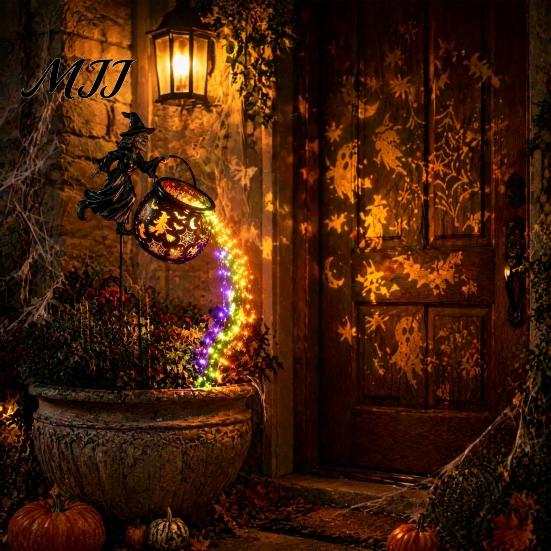 Weatherproof Yard Garden Light Halloween Witch Cauldron Light, Flying Silhouette Stake with Colorful Outdoor Lights LED, Spooky Decorative Lantern for