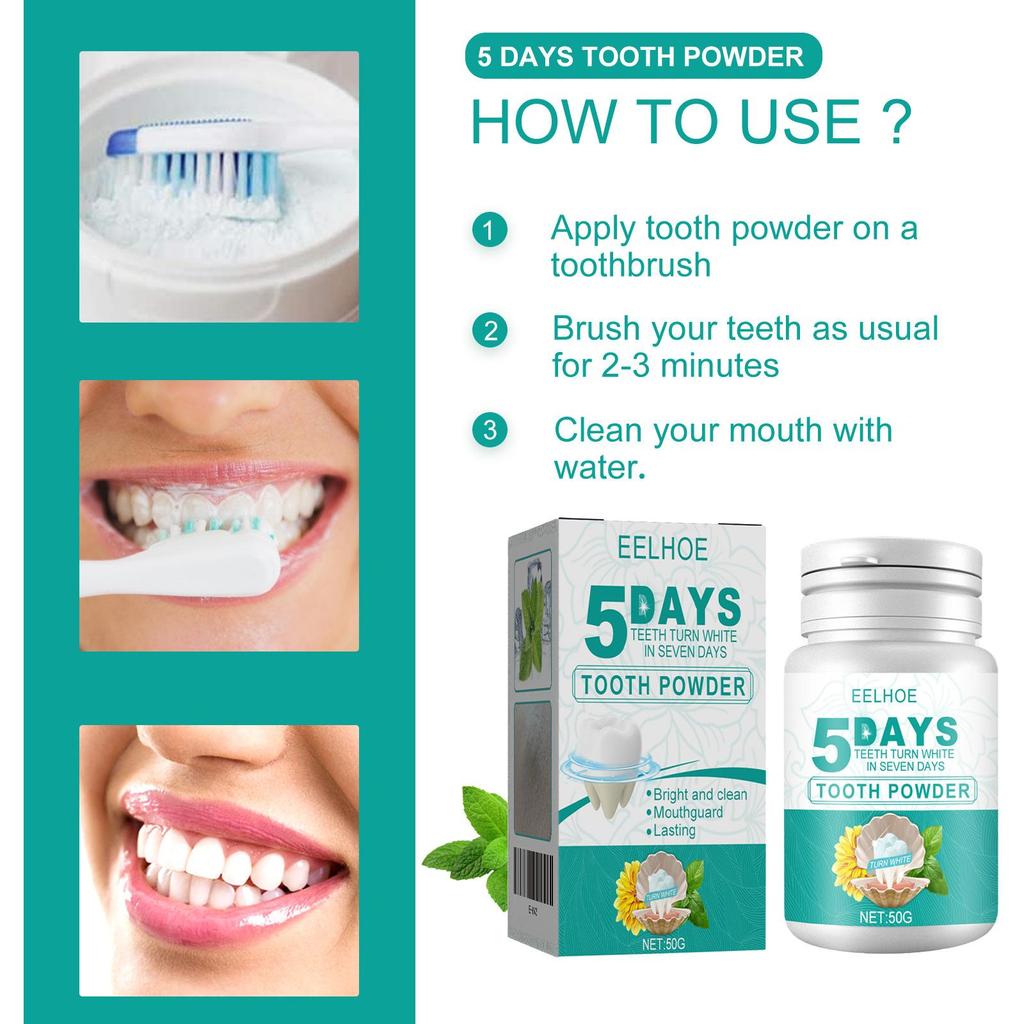 EELHOE Polvere Bianca per Denti 5 Giorni Rimuovi Placca Tartaro Pulisci Macchie Gialle dei Denti Polvere Pulizia Denti Alito Fresco 50g