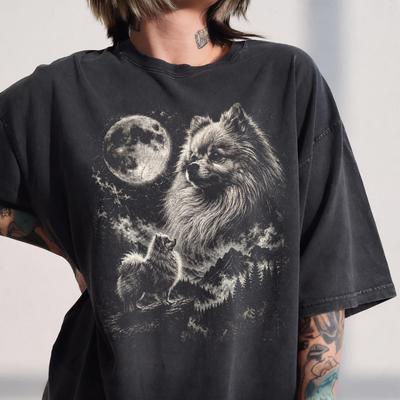 Retro Zwergspitz Vollmond Landschaft T-Shirt, Hundeliebhaber Haustierbesitzer Tee