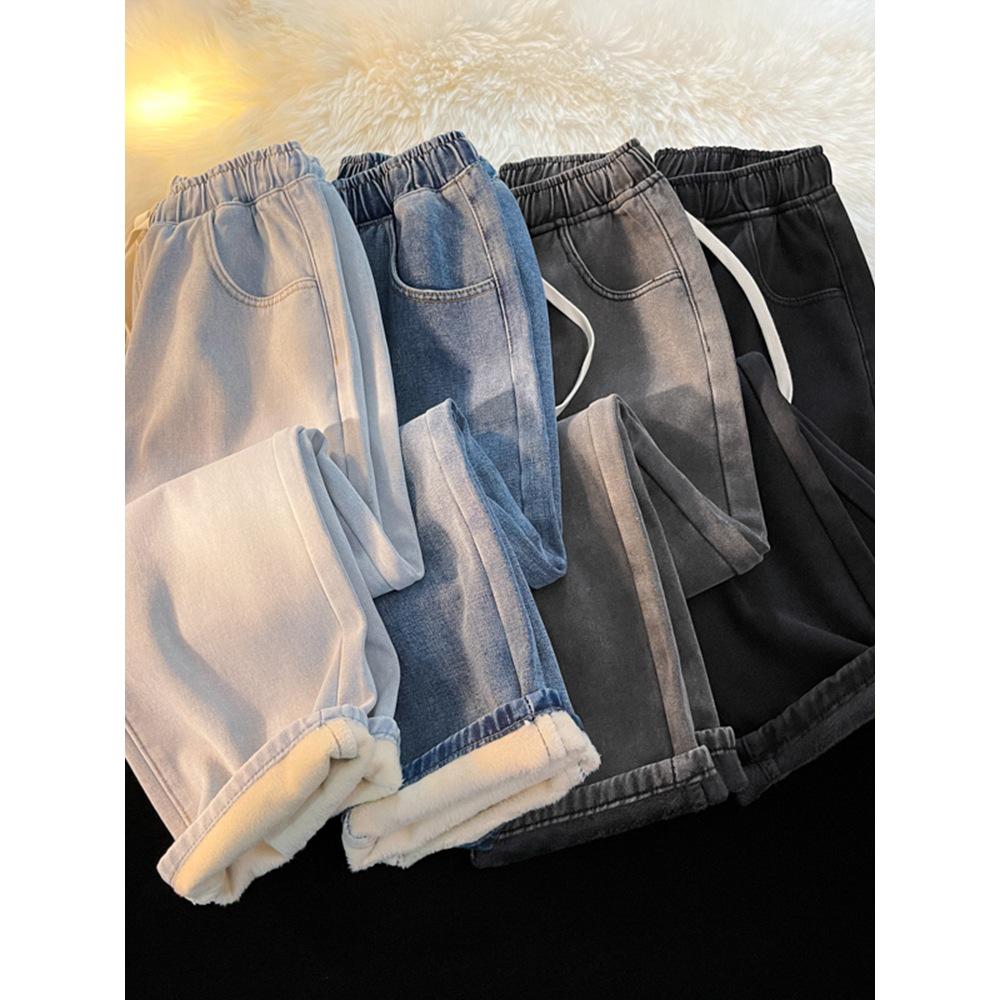 Women's Fleece-lined Straight-Leg Jeans, Petite Wide-Leg, Elastic Waist, Cotton, 2025 New Winter Style, Ideal for Autumn and Winter