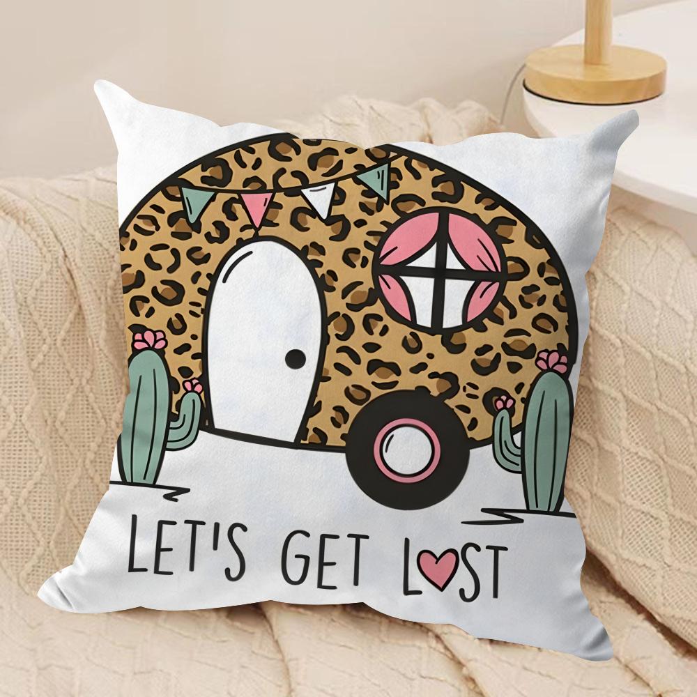 Happy Camping Rv Camper Car Cushion Cover Silky Short Plush Invisible Zipper Dustproof Sofa Pillow Case For Home Decor