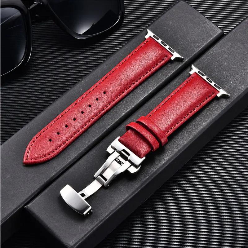 Leather Watchbands for Apple Watch 10 9 8 7 6 5 4 3 SE Ultra Butterfly Clasp Replace Wrist Strap 46mm 41mm 42mm 44mm 45mm Band for Iwatch