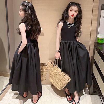 Girls Dresses Fashionable Girls' Summer High End Black Solid Long Dress for Children's Summer Sleeveless Vest Dress