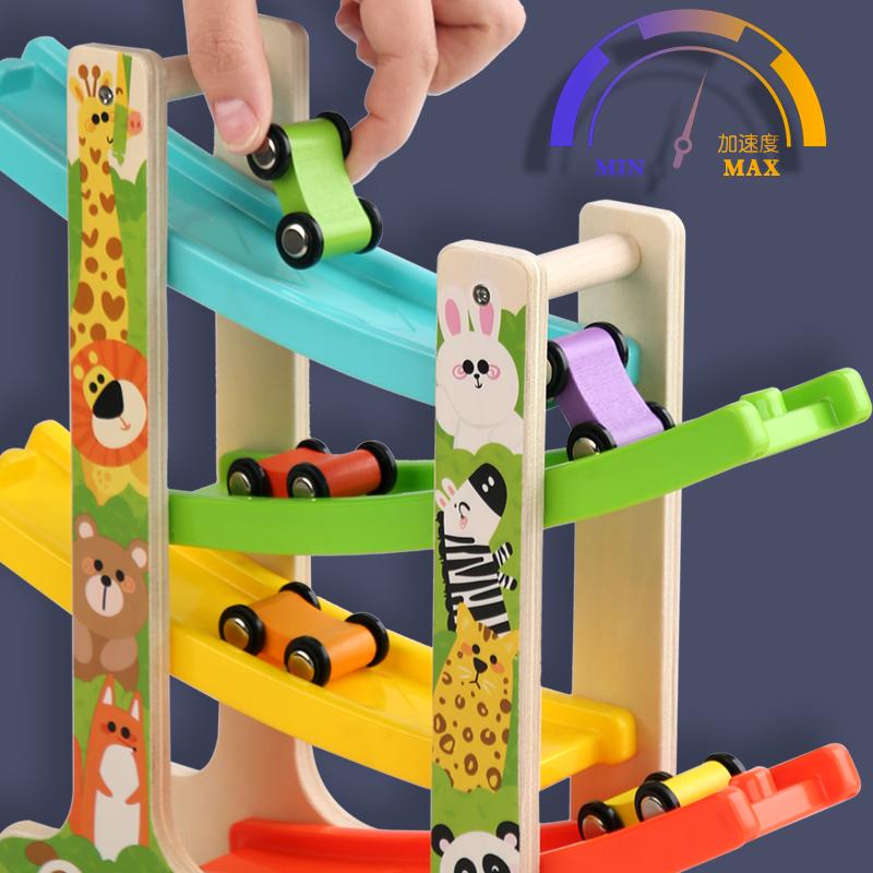 Wooden Animal Model Track Glider Set - 4 Tier Car Ramp Kids Toys Fun Traffic And Animal Themed Games Fun Track Car Puzzle Toys
