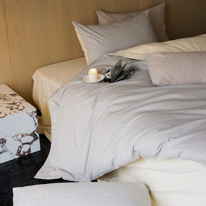Class A Maternal And Infant Grade Simple Double Spell Light Luxury Abraded Cotton 4Pcs Set Pure Cotton Embroidered Quilt Cover Bed Sheet 3-Piece Set