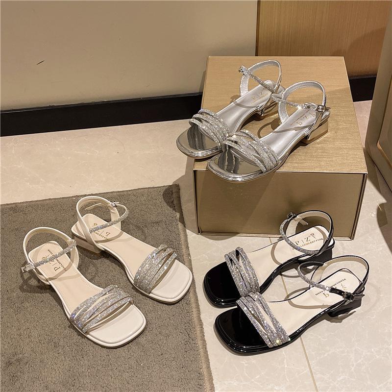 Fairy Wind Rhinestone Word Sandals Female Thick Heel Wear 2025 Summer New with Skirt Socialite Roman Sandals