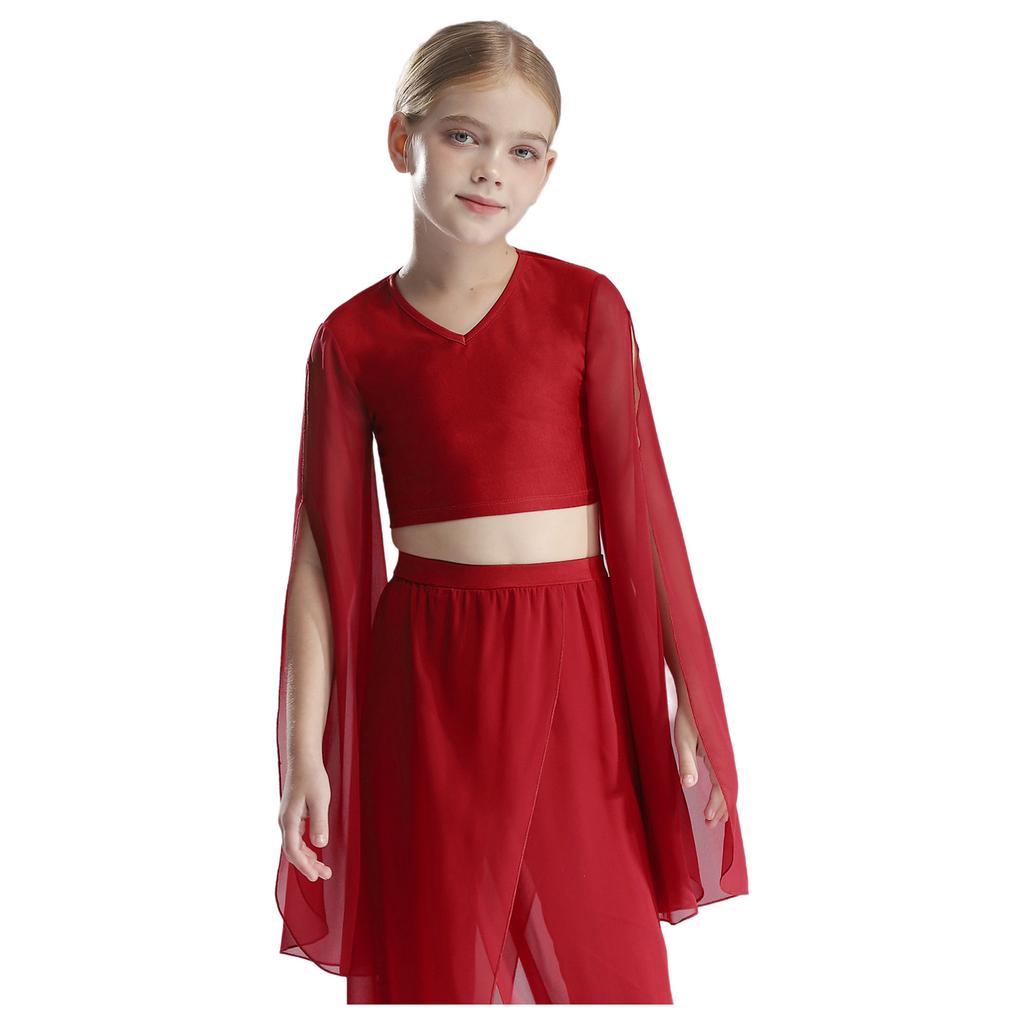 Girls Classical Dance Crop Top: V Neck Split Flared Sleeves Elegant Top for Practice Performance