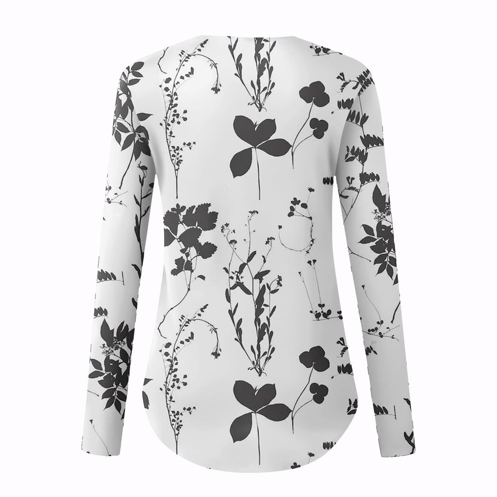 Women's Blouse Fashion Loose Casual Long Sleeved Printed V-Neck T-shirt Top