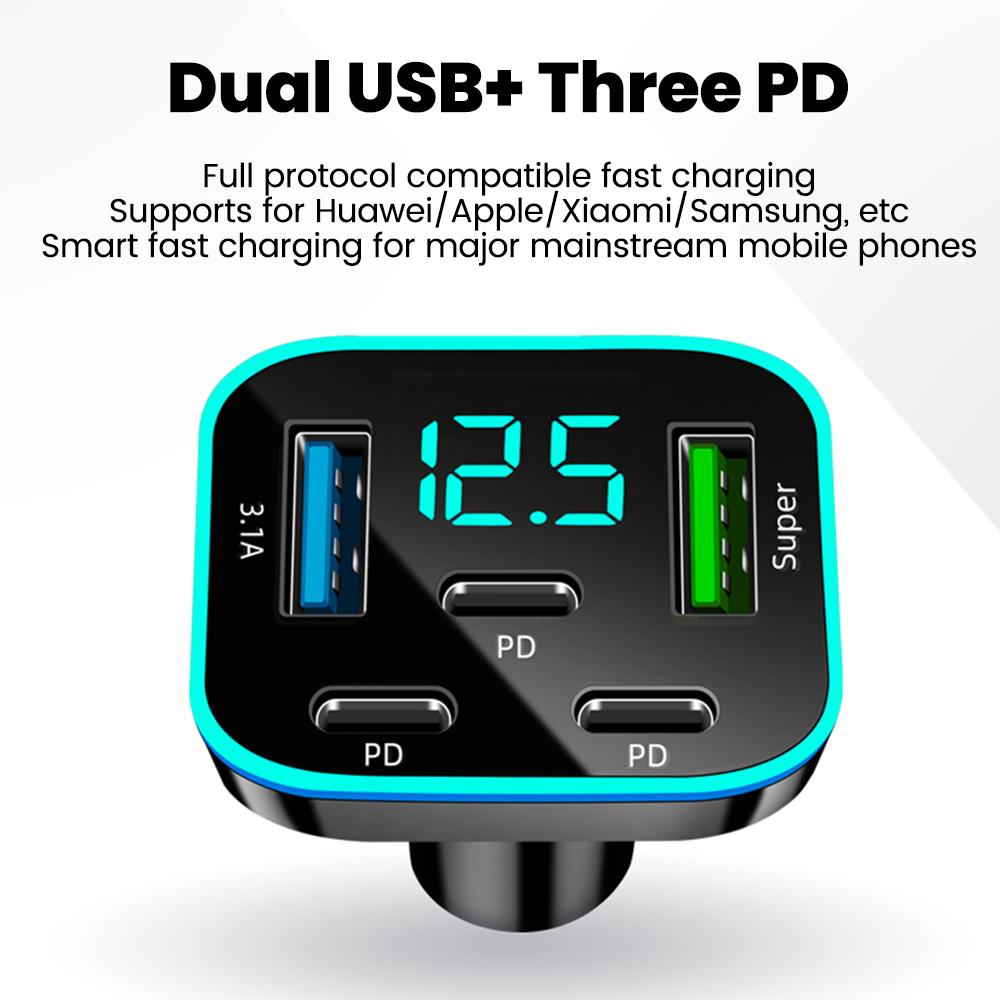 5 Ports Car Charger Fast Charging 2USB+3Type C Car Lighter PD QC3.0 Car Phone Charger For iPhone Samsung Huawei Xiaomi