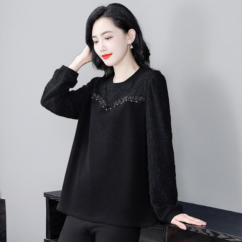 

Осенне-зимняя блузка большого размера с кружевом, длинным рукавом и свободного кроя для женщин среднего и пожилого возраста XL (100-160 lbs)